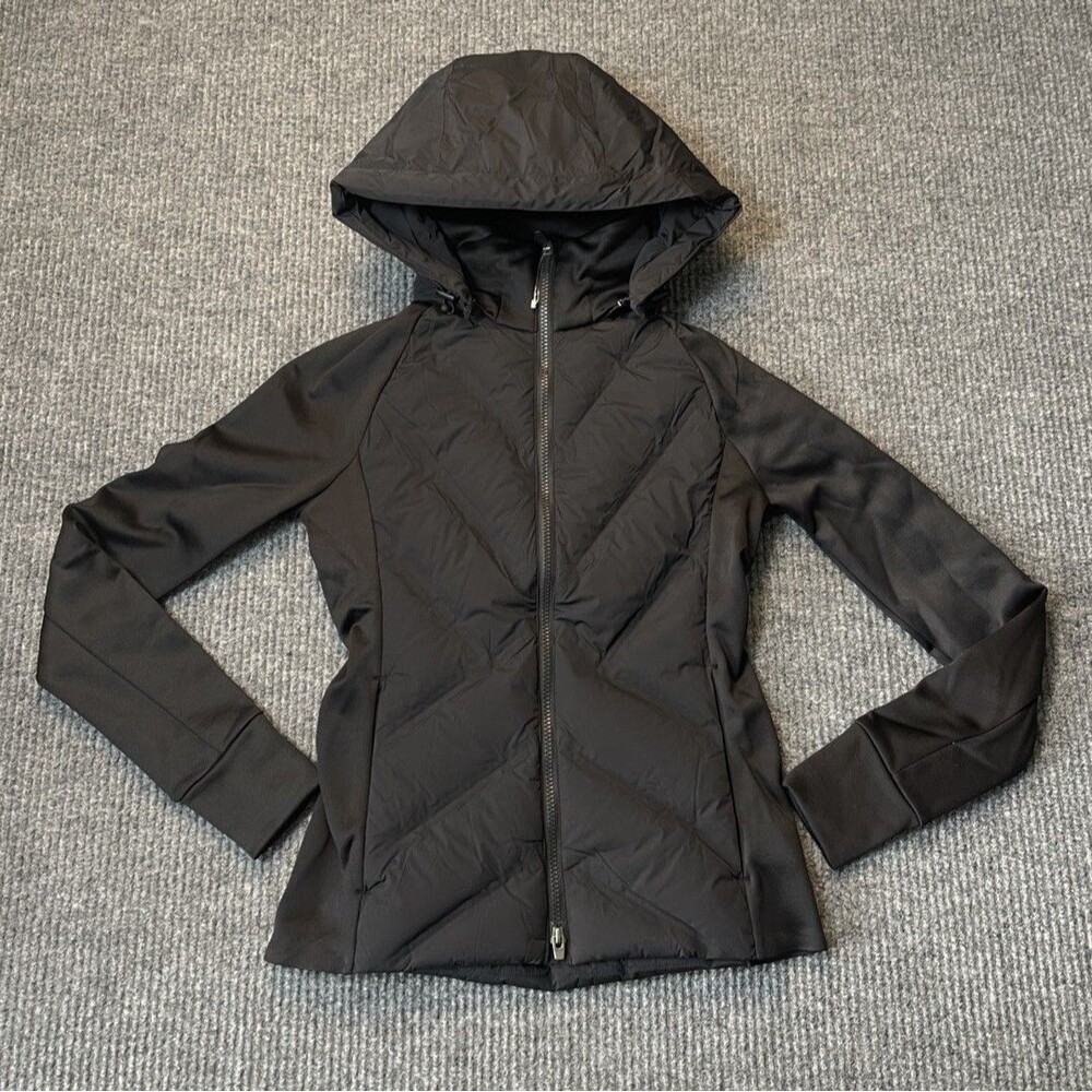 Athleta Inlet Jacket Women's Size XXS Black Down Full Zip Removeable Hood NWOT